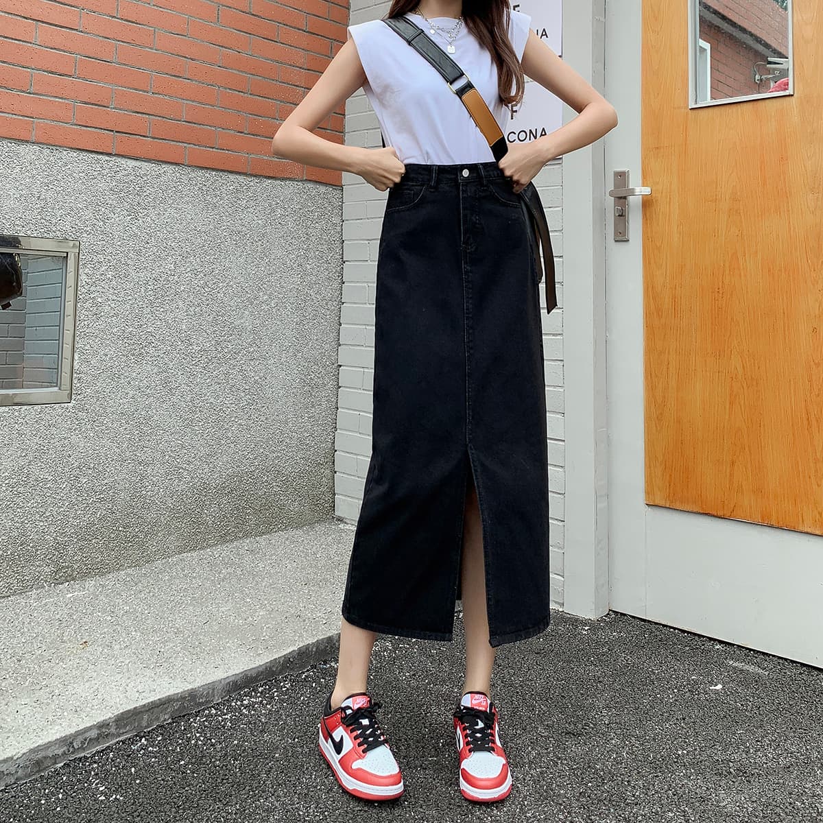 ママコーデ ロングデニムスリットスカート