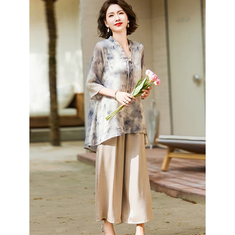 ママコーデ 優美な花柄シフォンブラウスセット