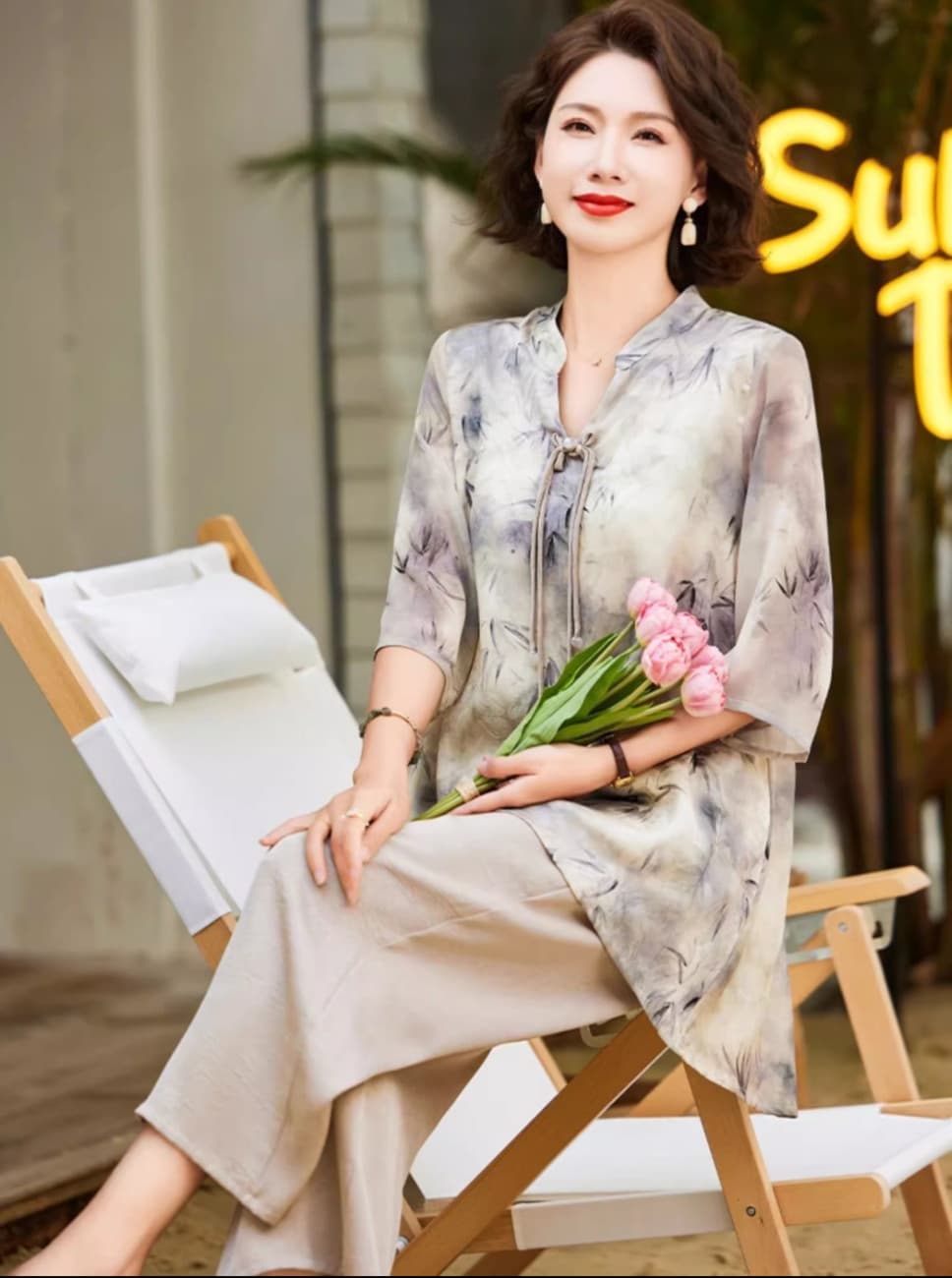 ママコーデ 優美な花柄シフォンブラウスセット