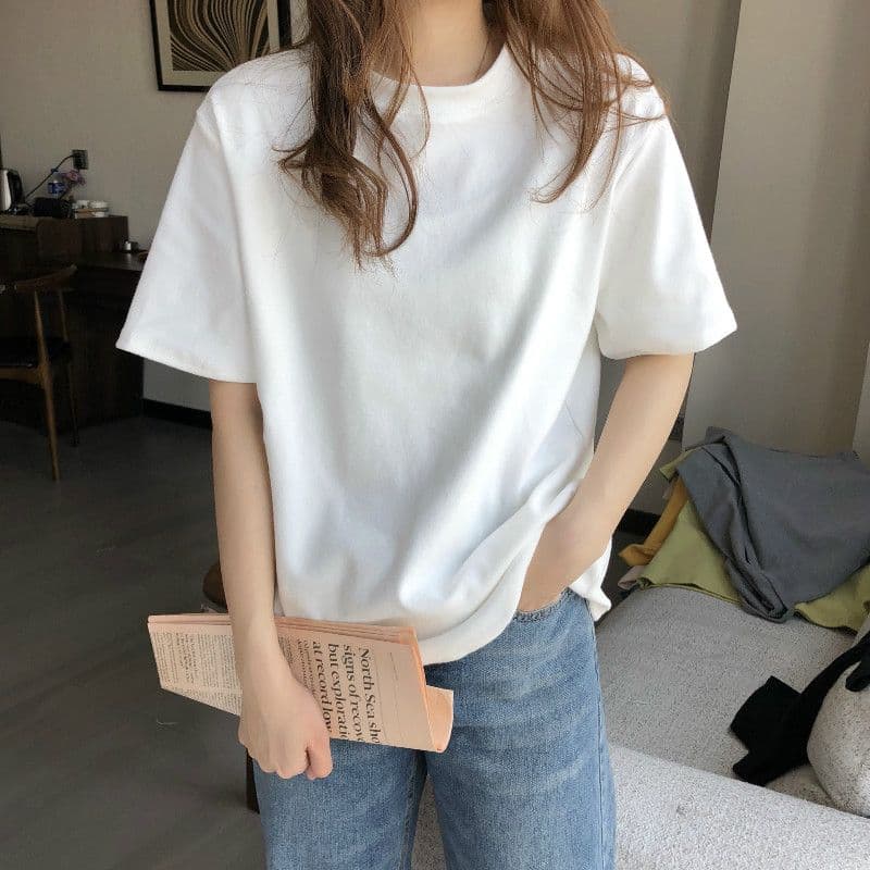 ママコーデ シンプル半袖ルーズフィットトップス