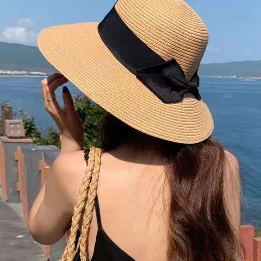 ママコーデ プール用つば広麦わら帽子リボン付き夏帽