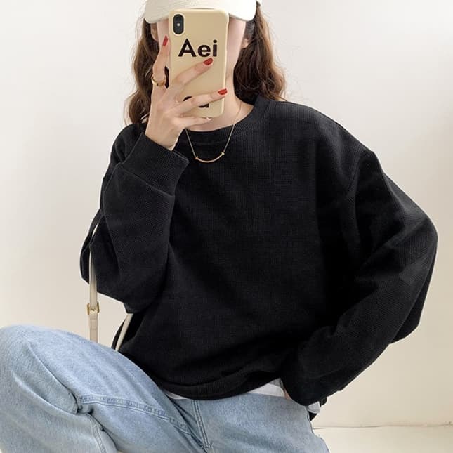 ママコーデ シンプルゆったりワッフルプルオーバー