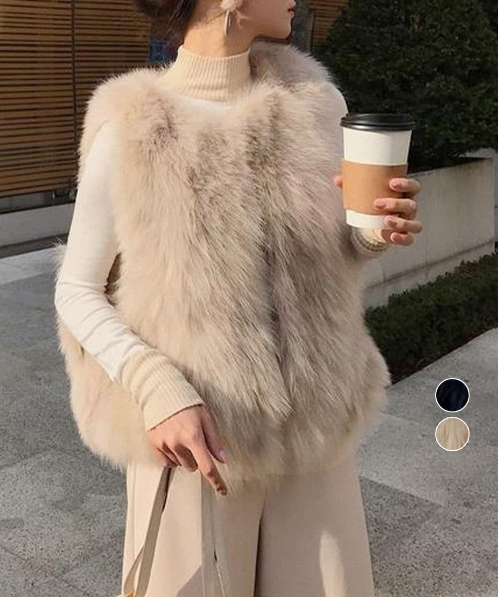 ママコーデ 発表会対応ふわふわファーベスト上品ジレ