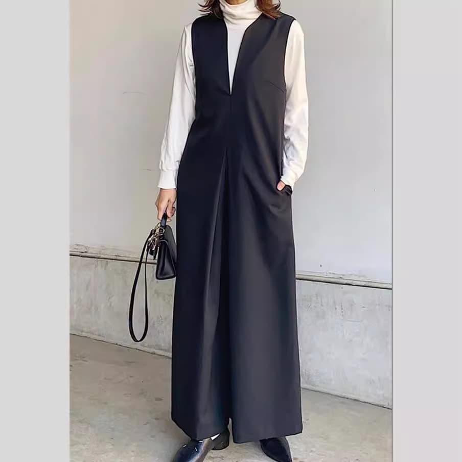 ママコーデ ロング丈ベスト風パンツオールインワン