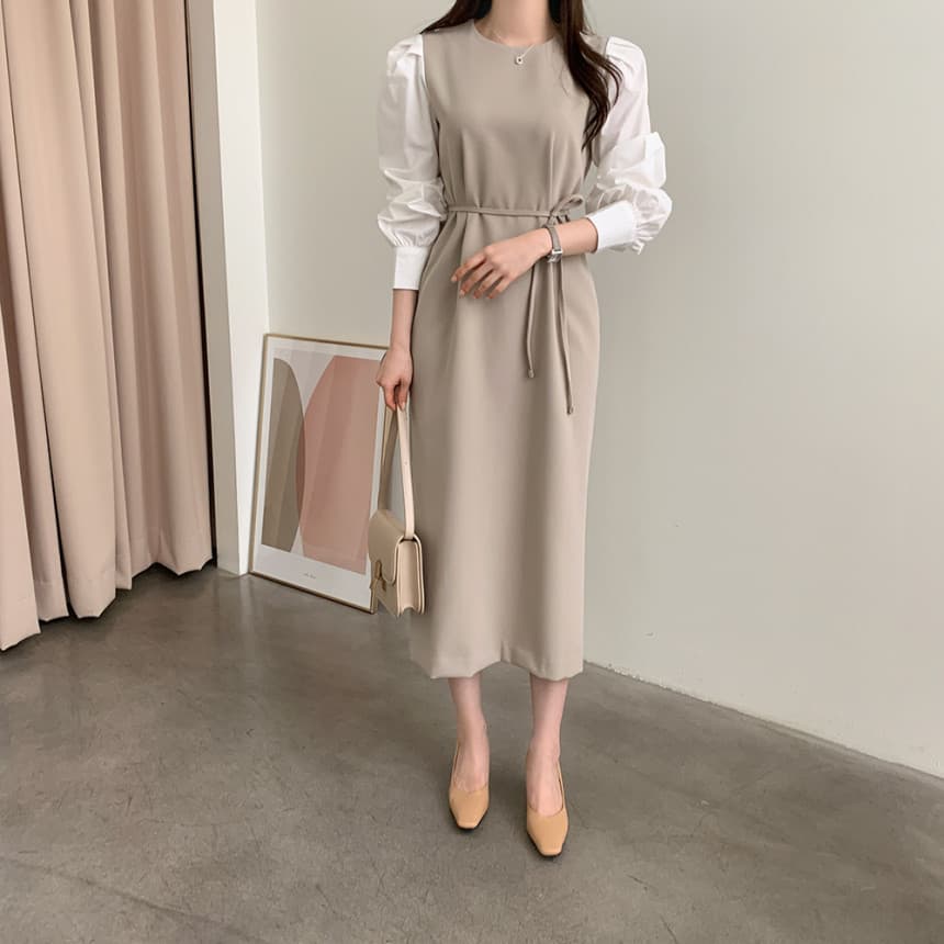 ママコーデ 異素材パフスリーブ 美シルエットワンピース