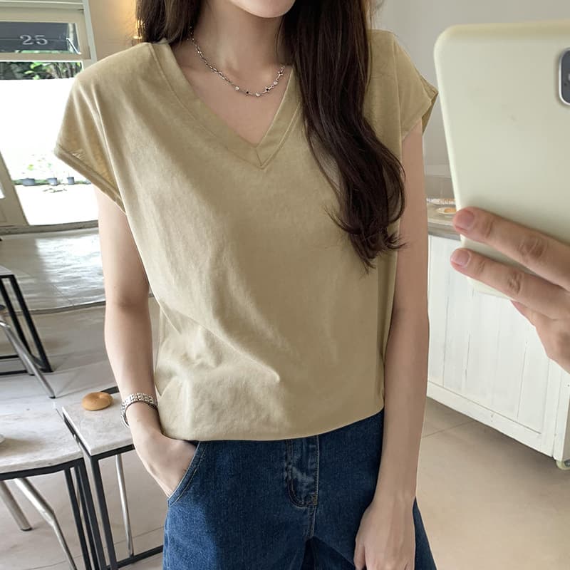 ママコーデ シンプル無地ブイネック半袖トップス
