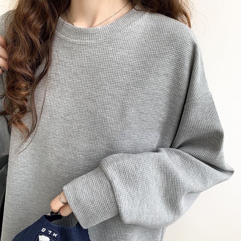ママコーデ シンプルゆったりワッフルプルオーバー