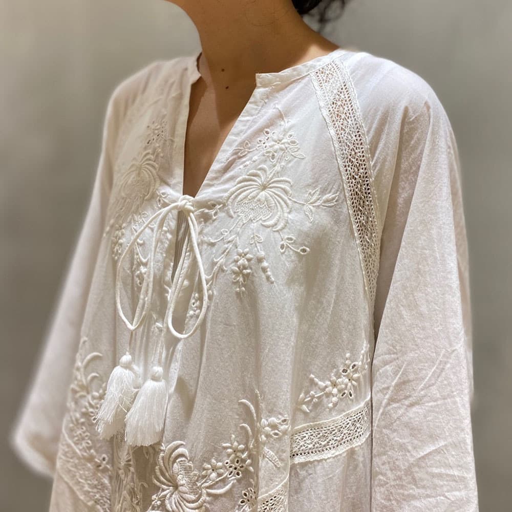 ママコーデ ママコーデ 刺繍入り綿麻ゆったりワンピース