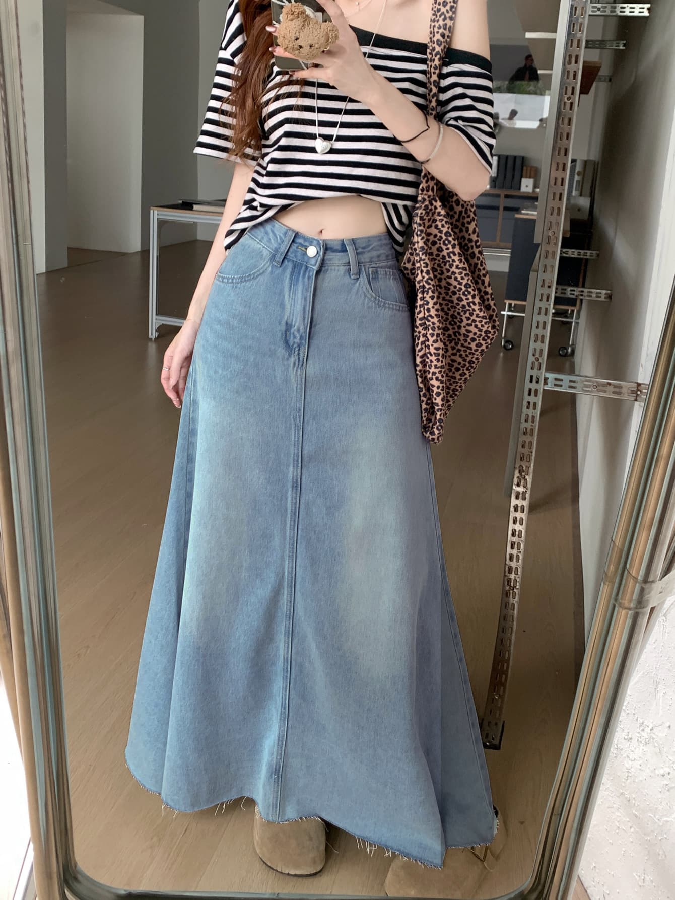ママコーデ ゆったりデニムロングスカート