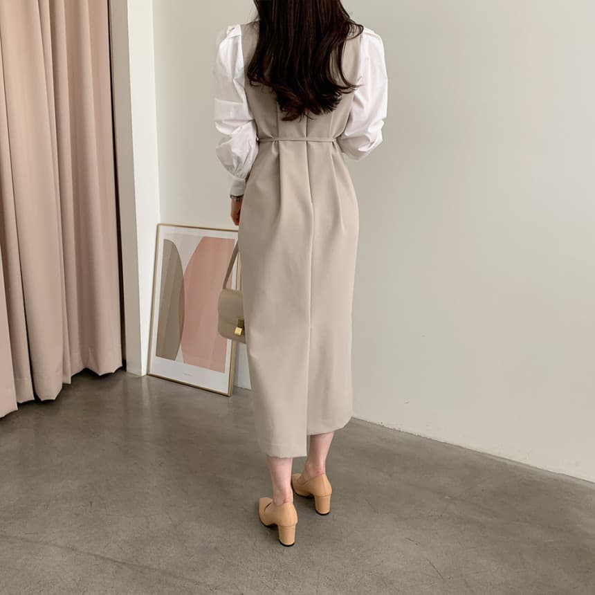 ママコーデ 異素材パフスリーブ 美シルエットワンピース