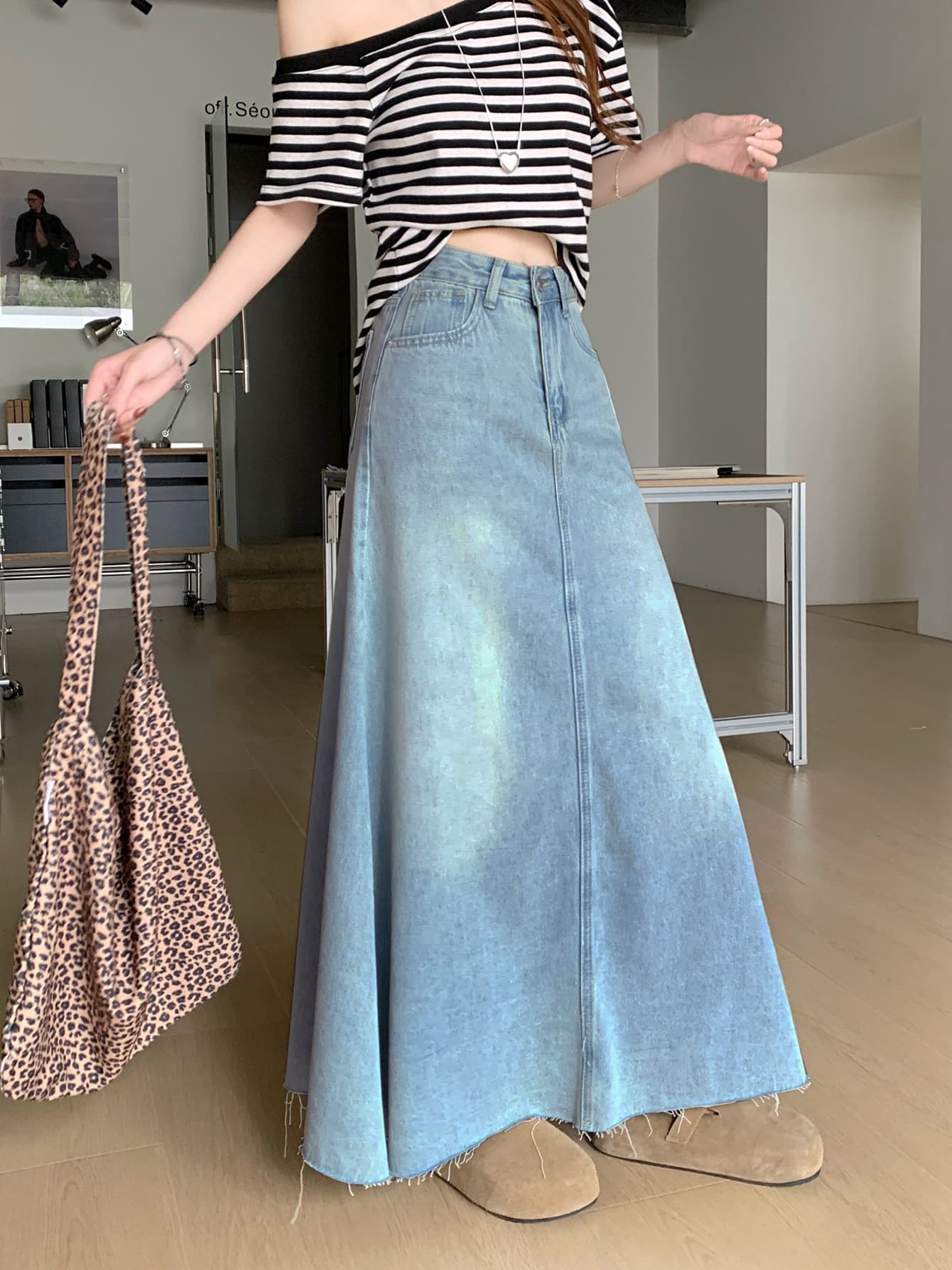 ママコーデ ゆったりデニムロングスカート