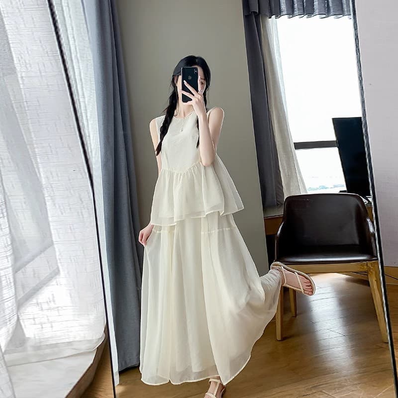 ママコーデ 二段フリル ゆったりマキシワンピース