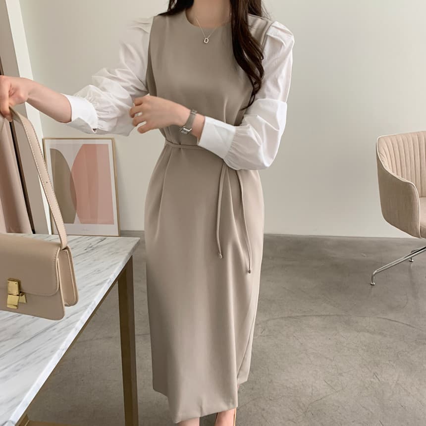 ママコーデ 異素材パフスリーブ 美シルエットワンピース