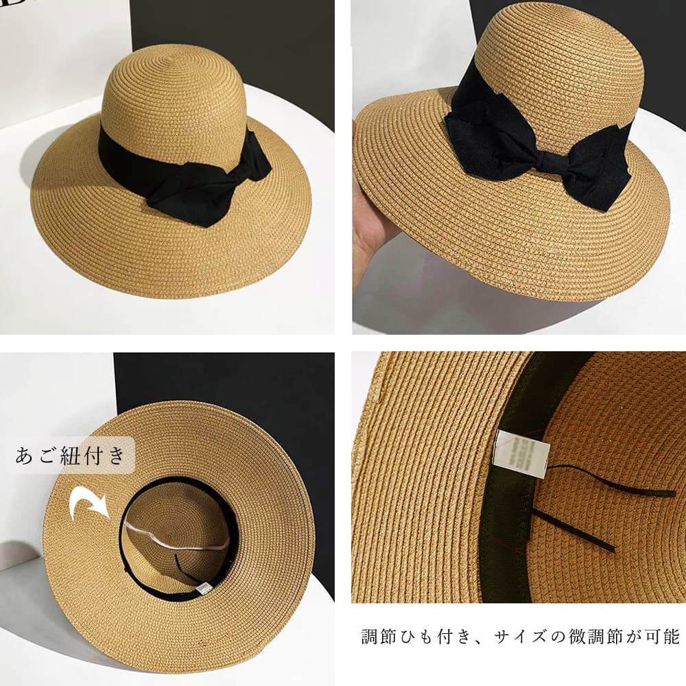ママコーデ プール用つば広麦わら帽子リボン付き夏帽