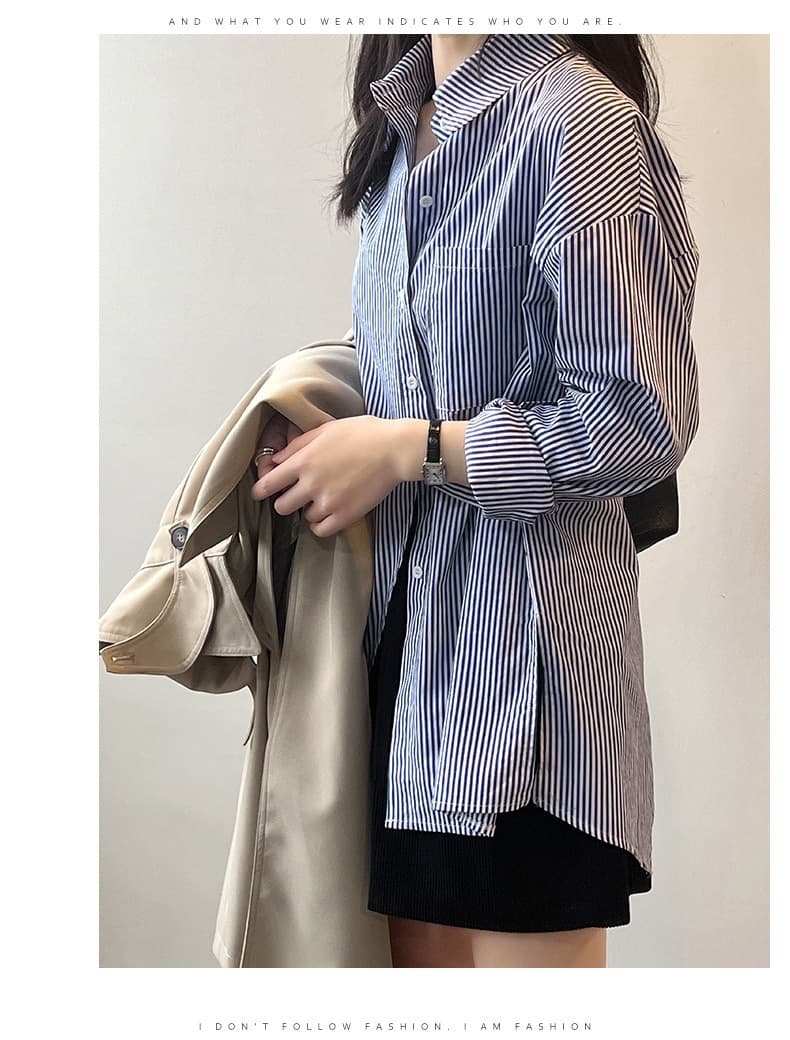 ママコーデ ゆったりストライプ柄シャツワンピース