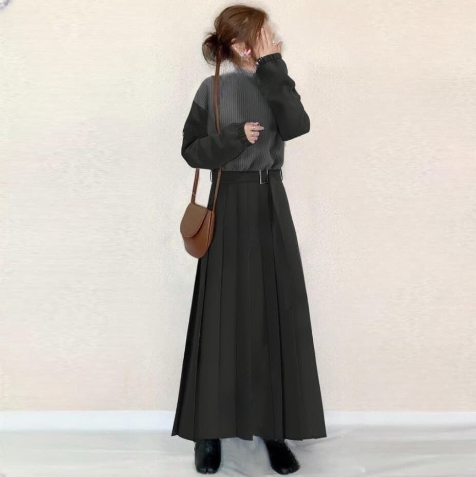 ママコーデ ゆったりリブニット切替えロングワンピース