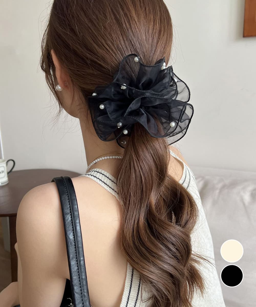 ママコーデ 発表会対応 透け感パール付きシュシュ ヘアゴム