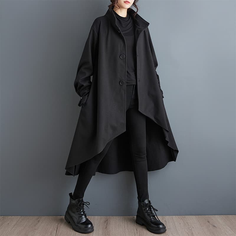ママコーデ アシンメトリー裾フレアロングコート