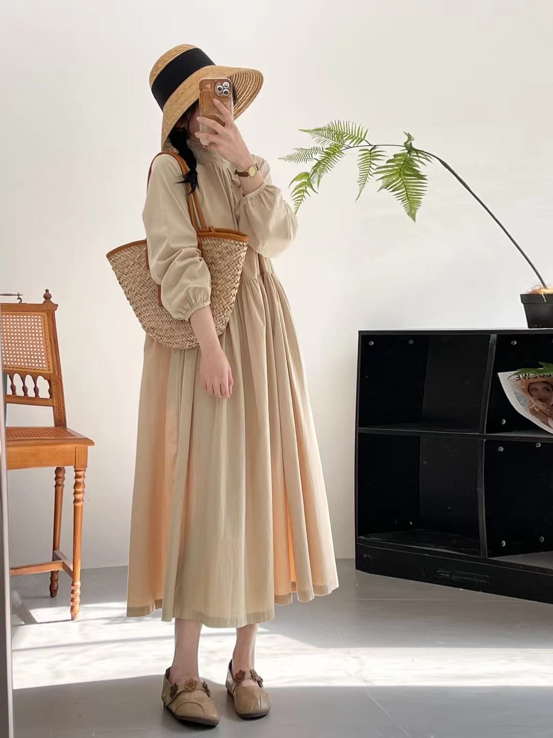 ママコーデ ふんわり袖のギャザーロングワンピース