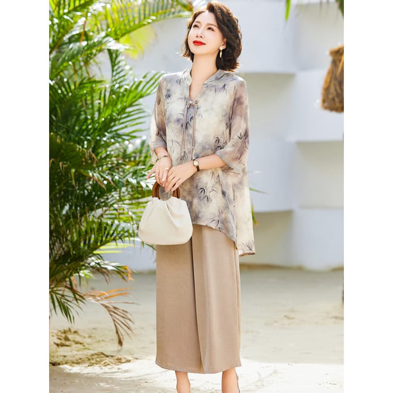 ママコーデ 優美な花柄シフォンブラウスセット