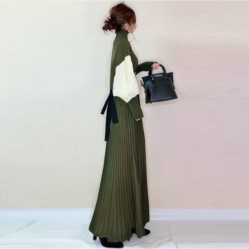 ママコーデ 上品プリーツ切替ボリュームドレスワンピース