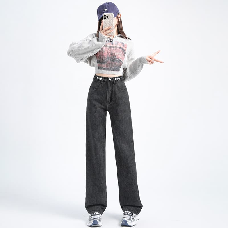 ママコーデ ゆったりストレート ママデニムパンツ