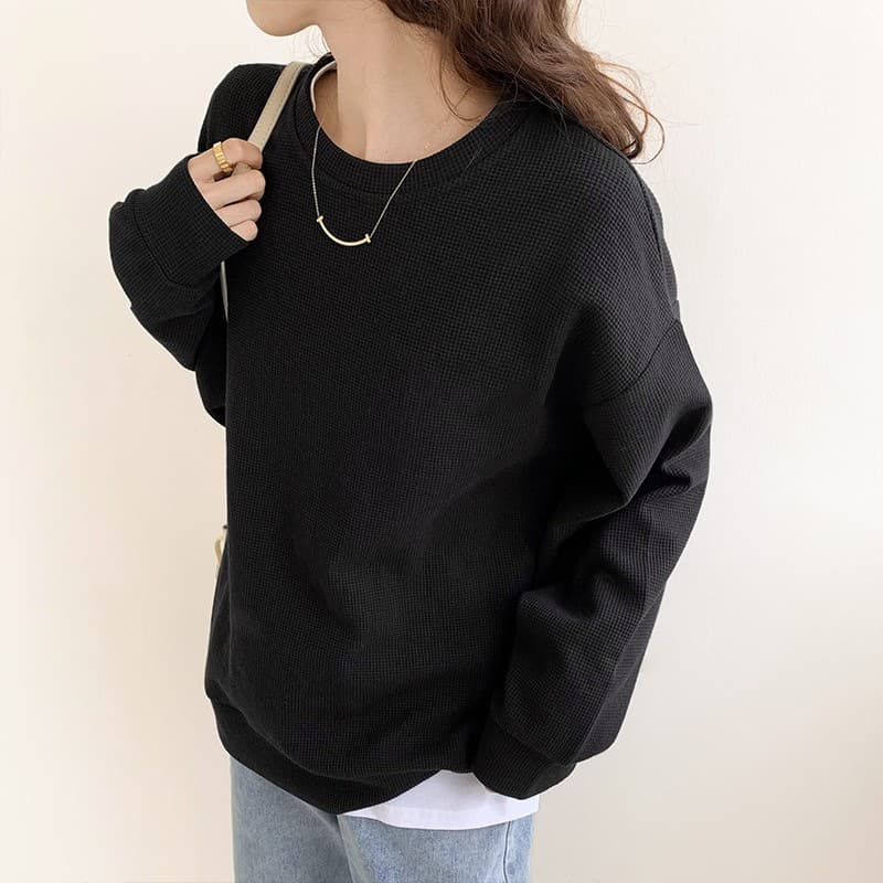 ママコーデ シンプルゆったりワッフルプルオーバー