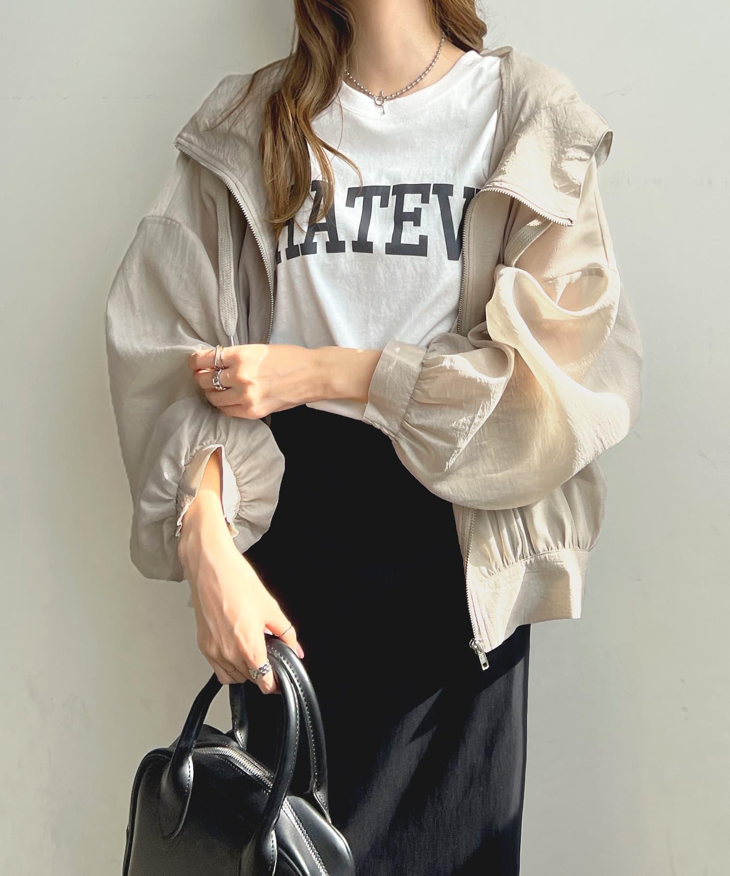 ママコーデ 透け感シアーブルゾン