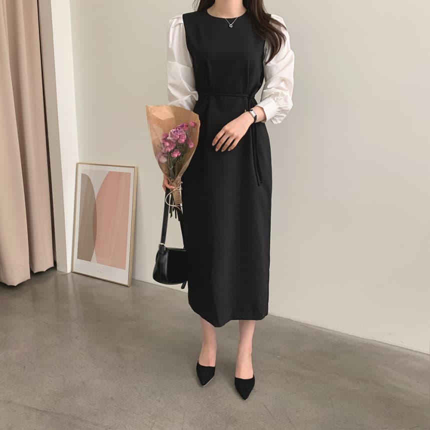 ママコーデ 異素材パフスリーブ 美シルエットワンピース