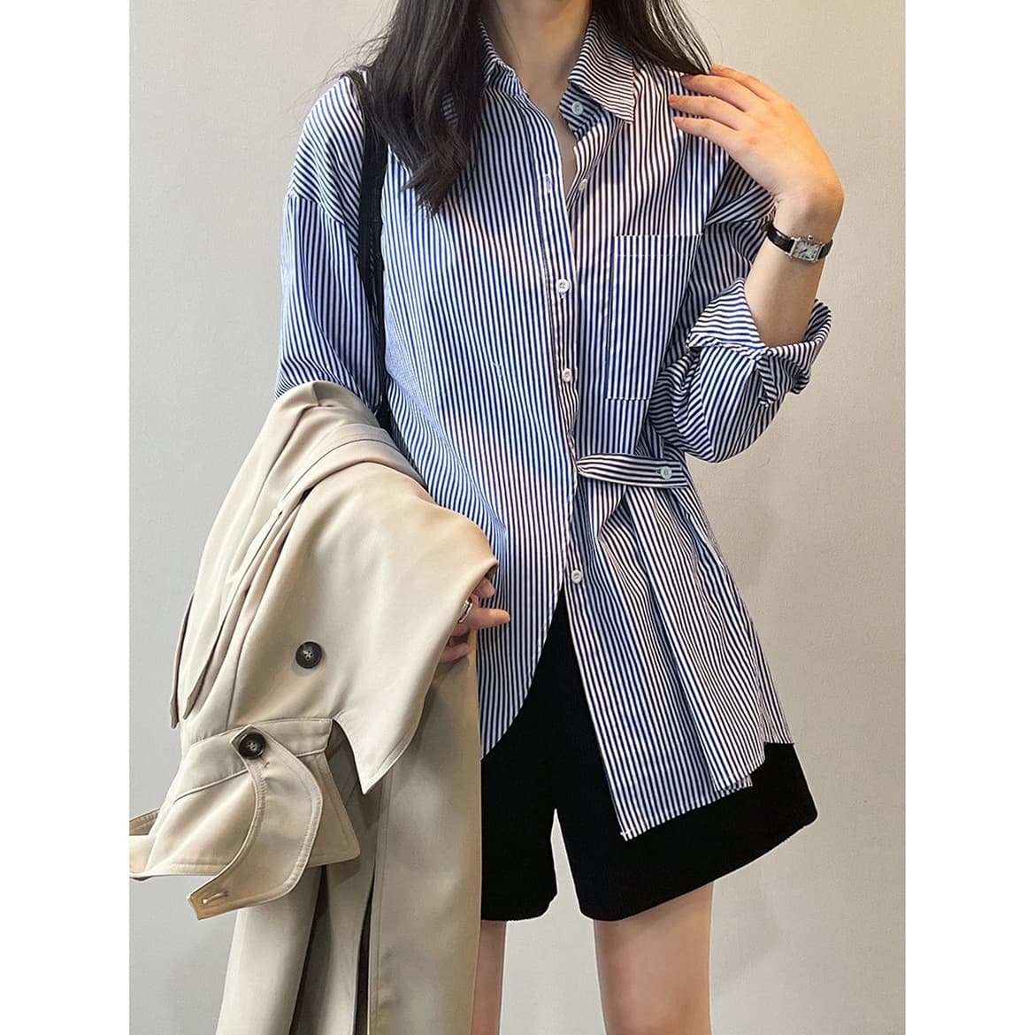 ママコーデ ゆったりストライプ柄シャツワンピース