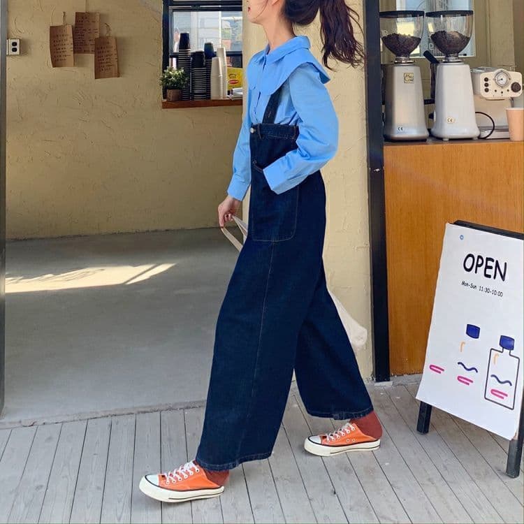 ママコーデ ゆったりワイド幅デニムオーバーオール