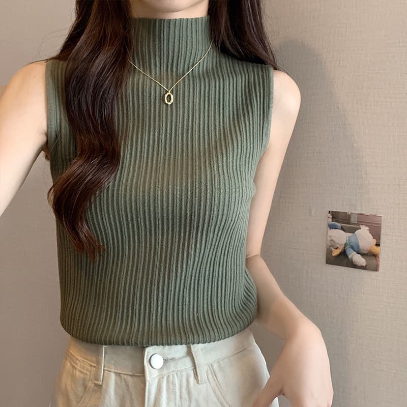 ママコーデ 立体リブ編み 洗練ノースリーブ ハイネック