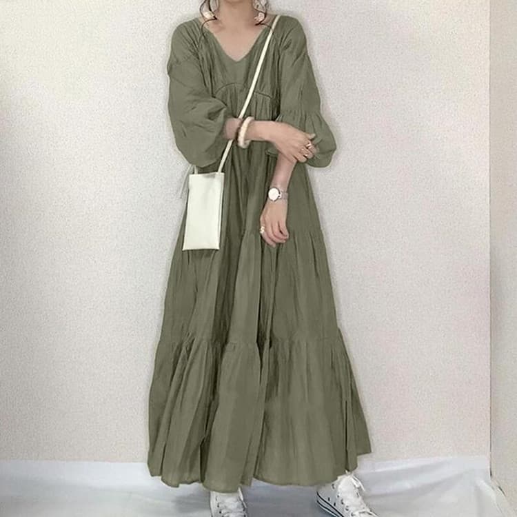 ママコーデ ゆったりティアードロング丈ワンピース