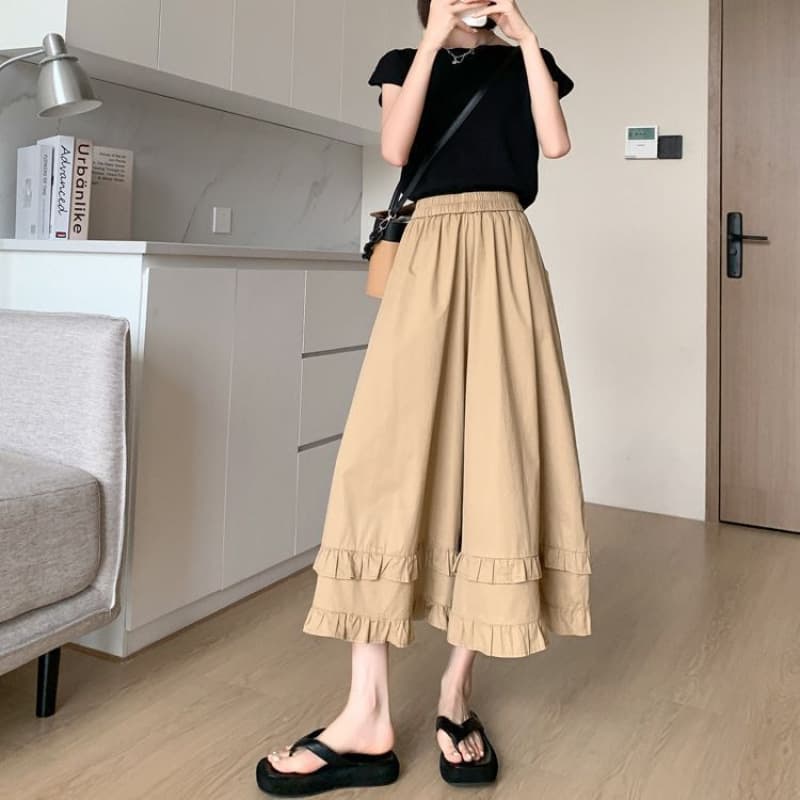 ママコーデ 二段フリル裾ワイドパンツ