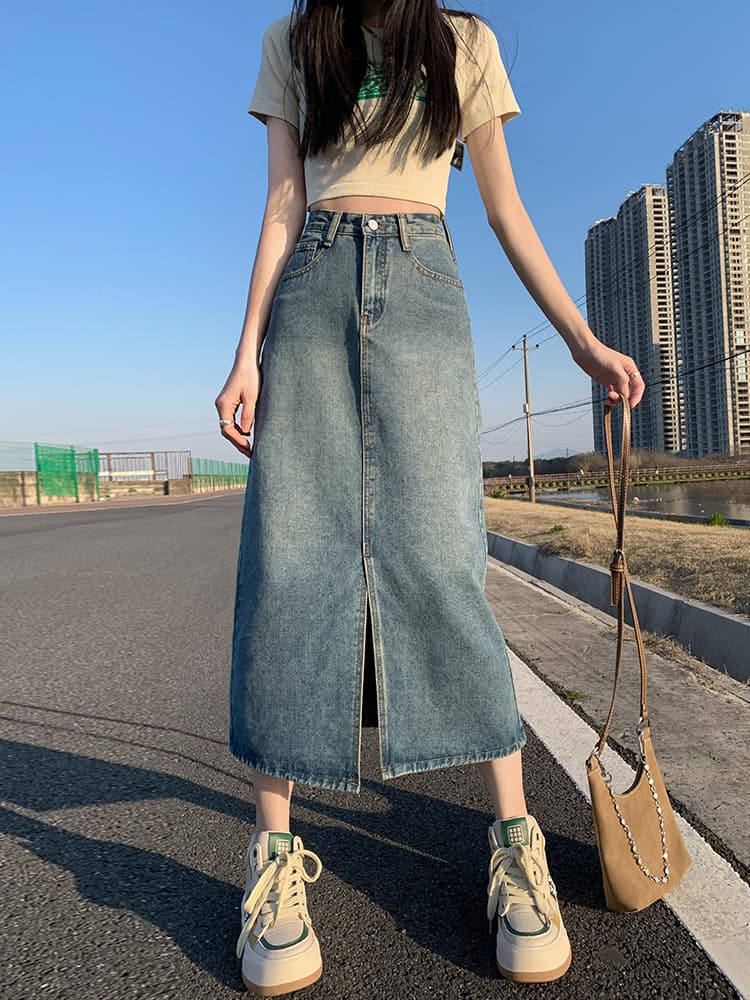 ママコーデ ロングデニムスリットスカート