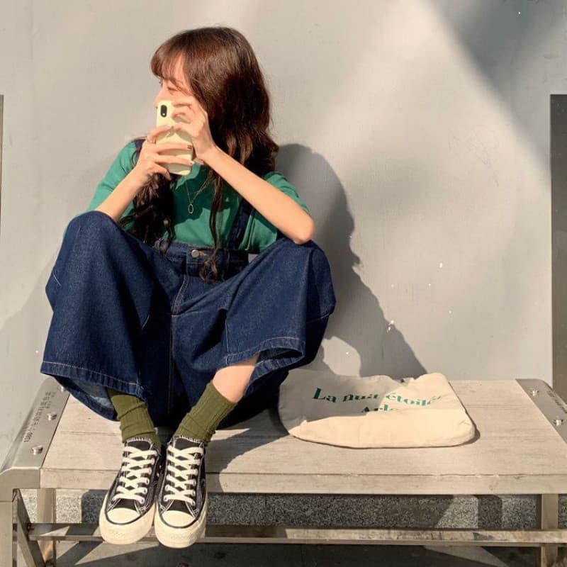 ママコーデ ゆったりワイド幅デニムオーバーオール