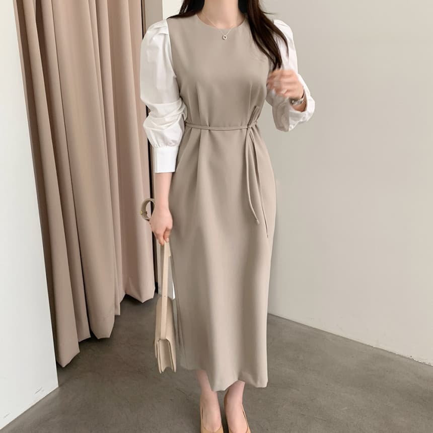 ママコーデ 異素材パフスリーブ 美シルエットワンピース