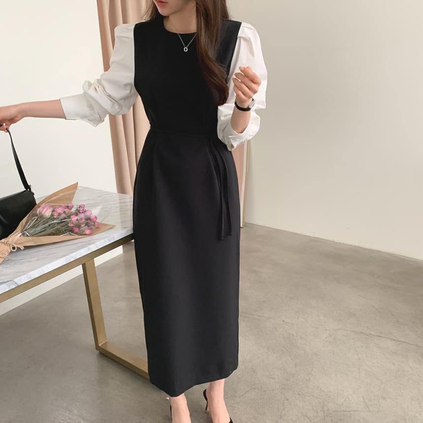 ママコーデ 異素材パフスリーブ 美シルエットワンピース