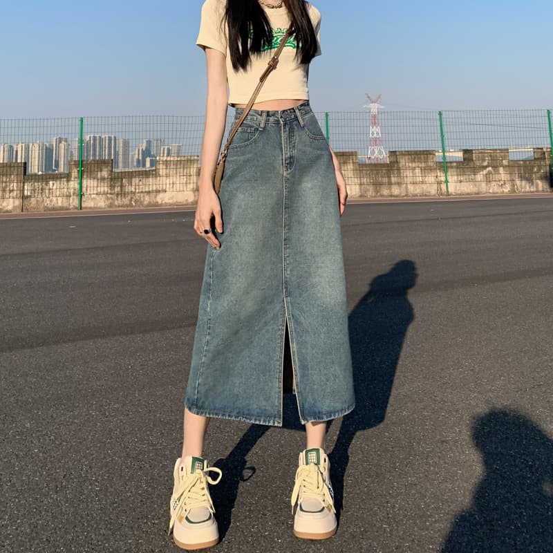 ママコーデ ロングデニムスリットスカート
