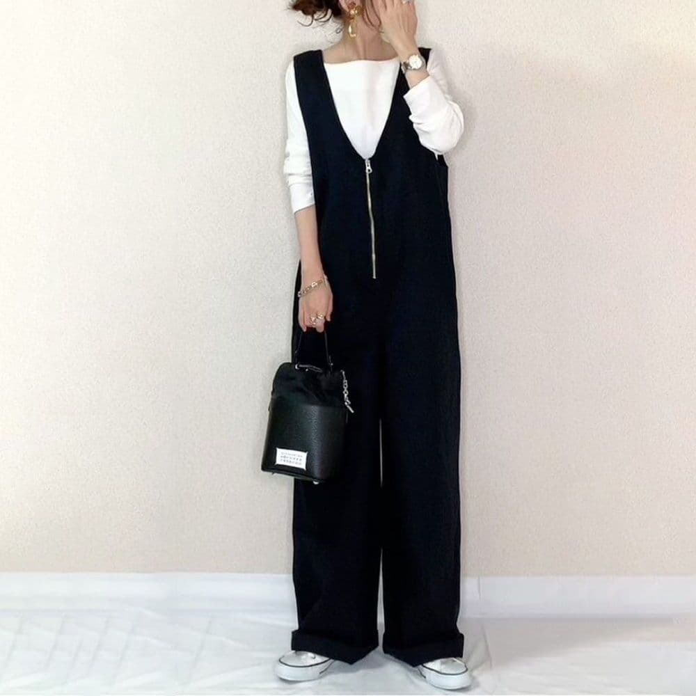 ママコーデ ゆったりジップアップサロペットパンツ