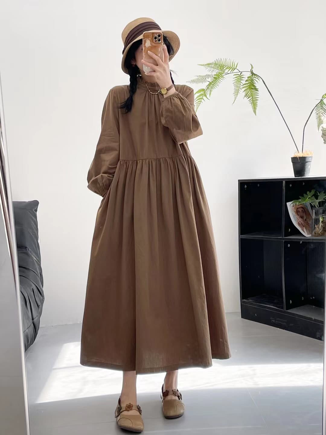ママコーデ ふんわり袖のギャザーロングワンピース