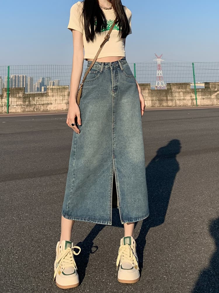 ママコーデ ロングデニムスリットスカート