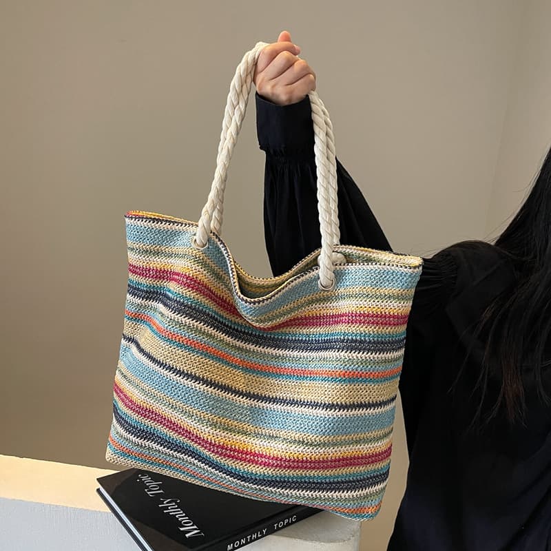 ママコーデ 縞模様の麻紐トートバッグ