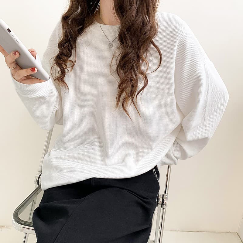 ママコーデ シンプルゆったりワッフルプルオーバー