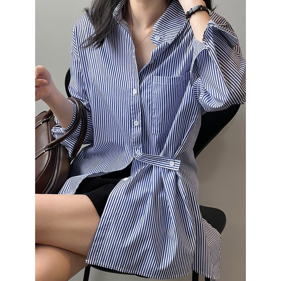 ママコーデ ゆったりストライプ柄シャツワンピース