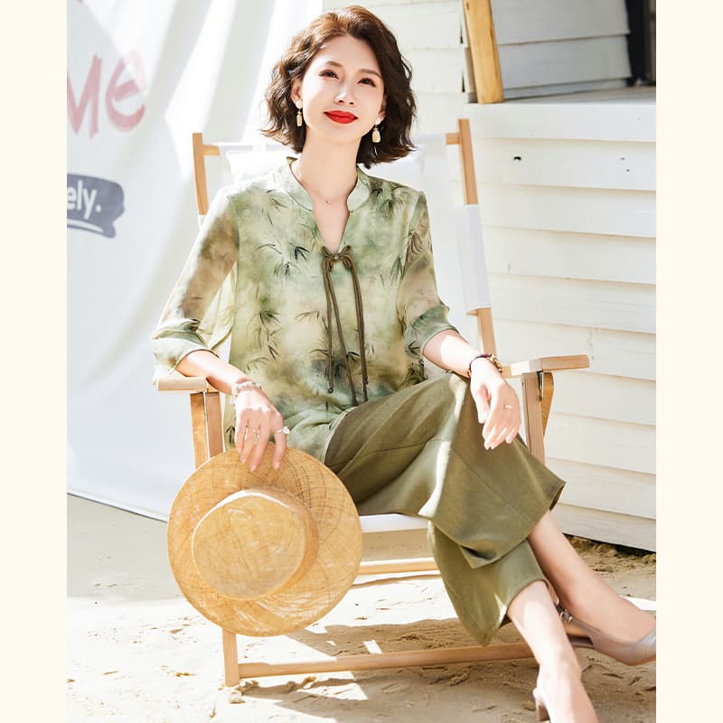 ママコーデ 優美な花柄シフォンブラウスセット