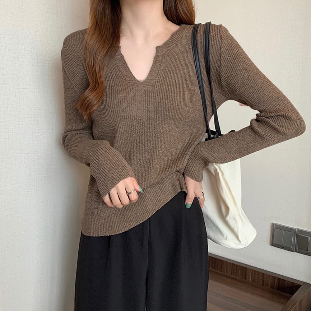 ママコーデ キーネックリブニット長袖カジュアルトップス