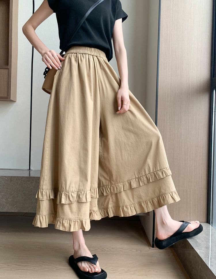 ママコーデ 二段フリル裾ワイドパンツ