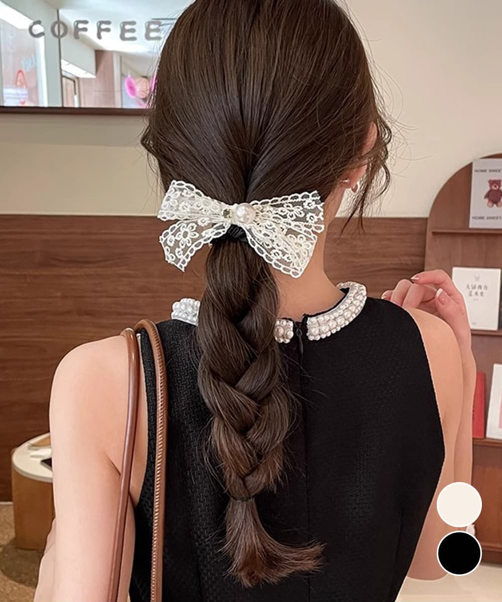 ママコーデ 発表会対応 上品真珠付きレース蝶結びヘアゴム