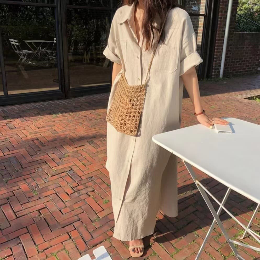 ママコーデ ロング丈シャツワンピース